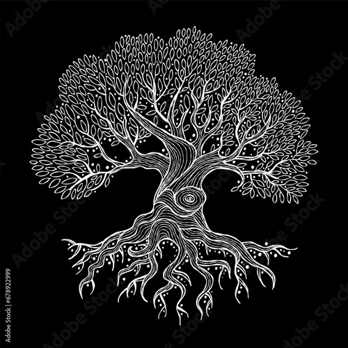 Old big family tree with roots isolated on black. Concept Art for your design. Design interior ideas.