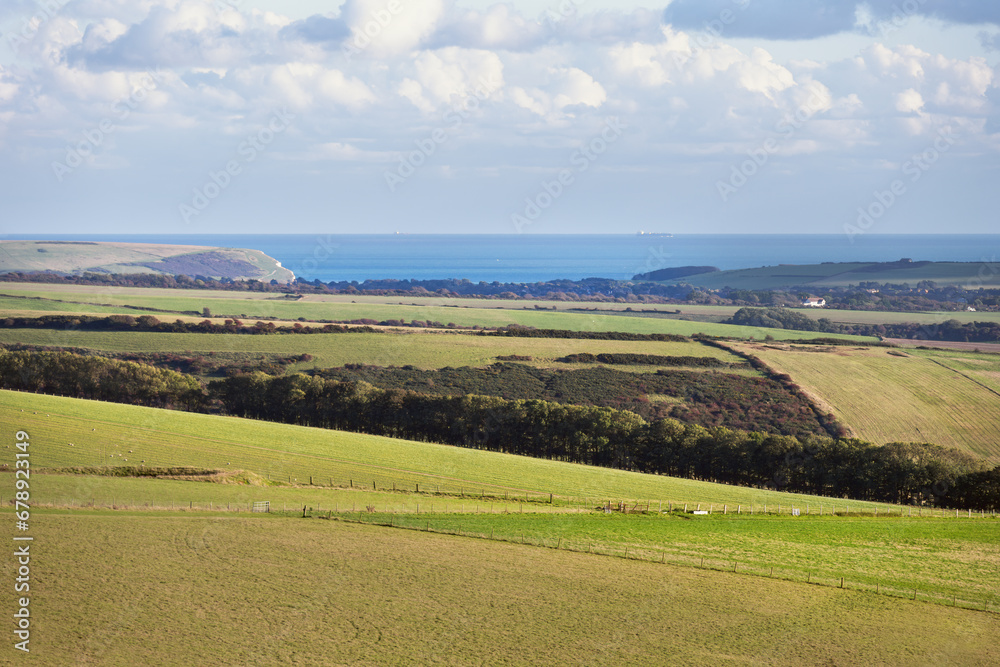 View of the South Downs and the English Channel in autumn, East Sussex, England