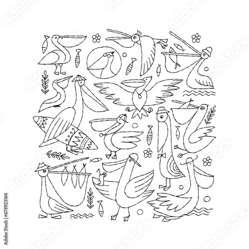 Pelicans family. Funny characters. Square frame background