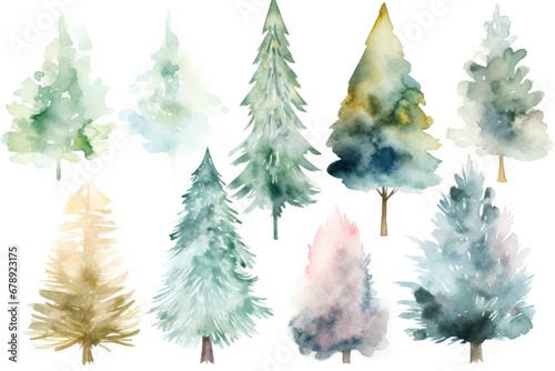 Set of pastels trees isolated on white, Christmas tree decorations, Watercolor painting, multicolored drawing art, brushed motley bright xmas card winter, Christmas tree watercolored firs and pines photo