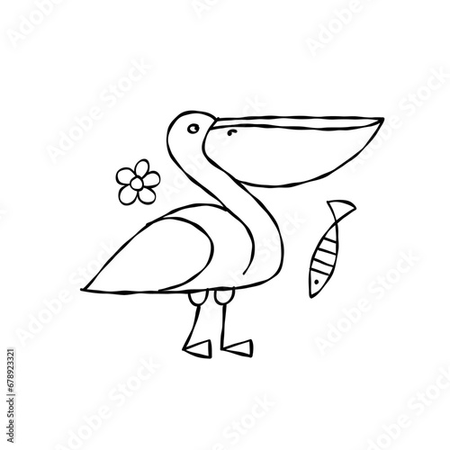 Funny pelican character isolated on white for your design. Colouring page