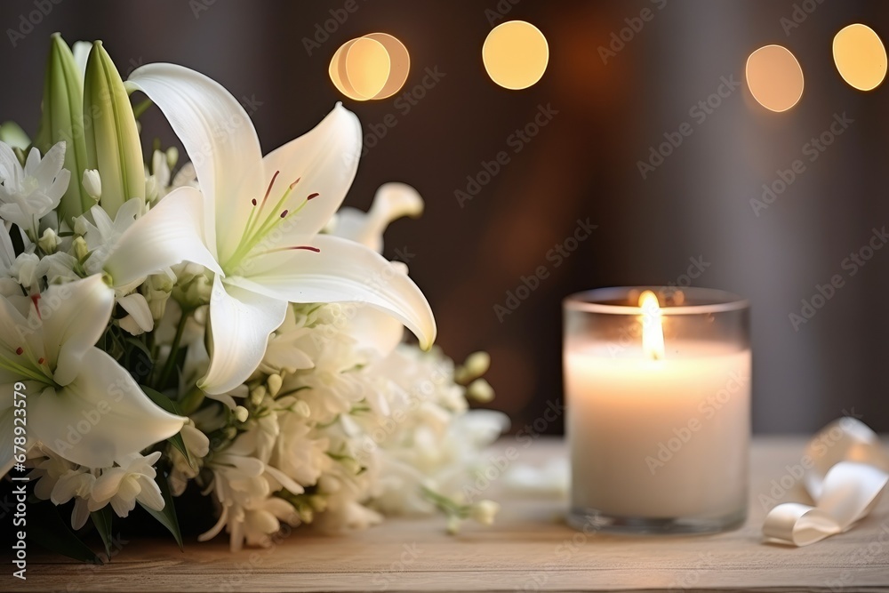 Serene Remembrance: White Lilies and Candlelight in Indoor Bokeh