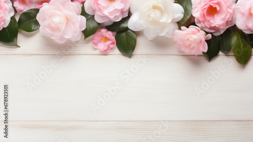 Camellias on Wooden Background, Beautiful Flowers, Spring Floral, Copy Space. Generative AI © BussarinK