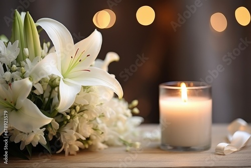 Serene Remembrance: White Lilies and Candlelight in Indoor Bokeh