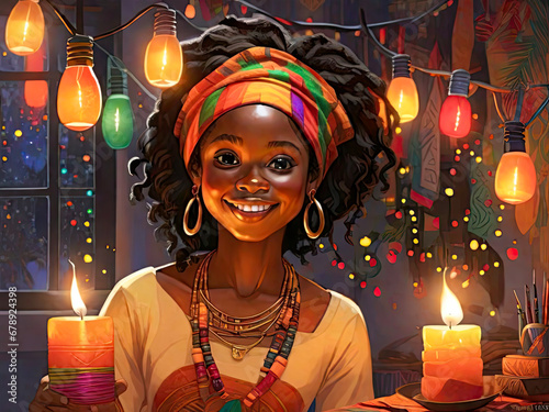 Kwanzaa African American holiday Colorful illustration girl and candle photo