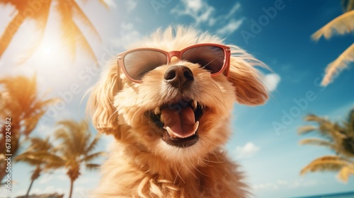Cute dog  wearing a sunglasses  happy at the beach  Generated AI