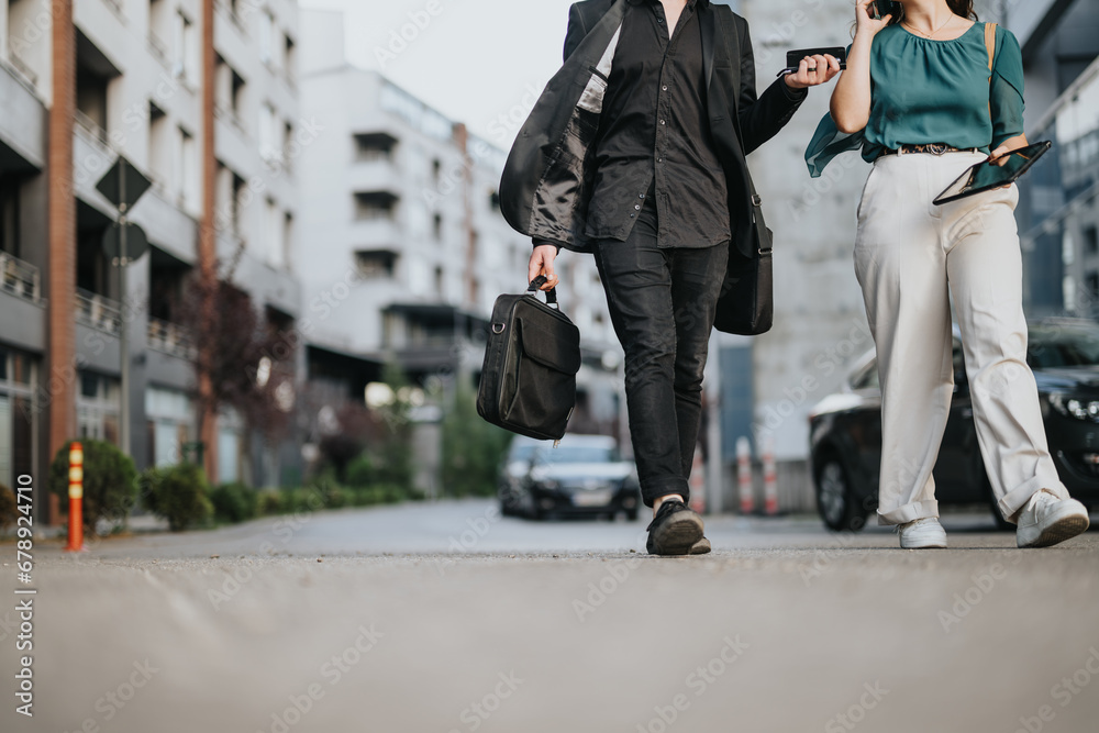 Fototapeta premium In an urban city, a persistent young couple strategizes for their small business, discussing innovative ideas for growth, revenue, and profits through market analysis and targeting audiences.