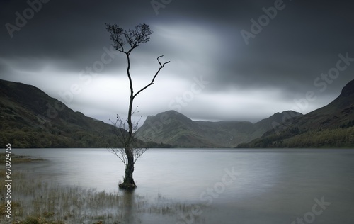 Leafless tree at Buttermere in UK Lake District, dramatic, stormy