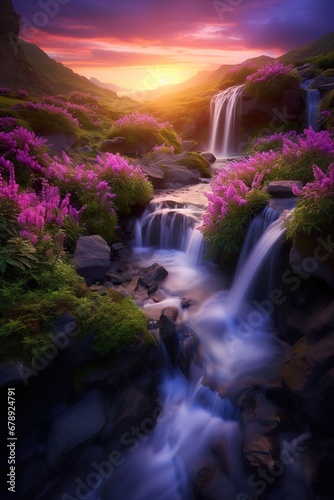 a beautiful waterfall surrounded by lush blue wild flowers, dramatic light at sunset with fog, dramatic weather