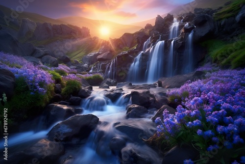 a beautiful waterfall surrounded by lush blue wild flowers, dramatic light at sunset with fog, dramatic weather