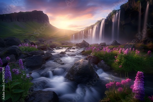 a beautiful waterfall surrounded by lush blue wild flowers  dramatic light at sunset with fog  dramatic weather