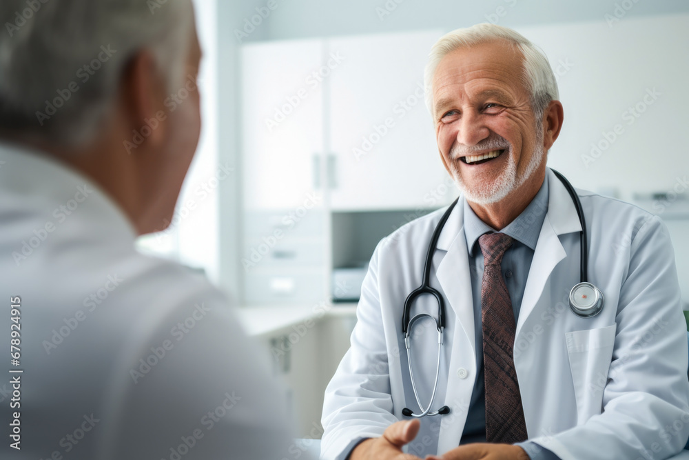 Elderly male doctor with a joyful smile meeting his patient at the clinic Elderly male doctor with a joyful smile meeting his patient at the clinic
