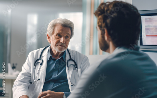 Elderly male doctor with a joyful smile meeting his patient at the clinic photo