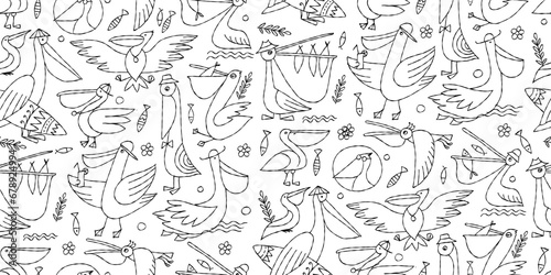 Pelicans family. Funny characters. Seamless pattern background for your design. Colouring page © Kudryashka