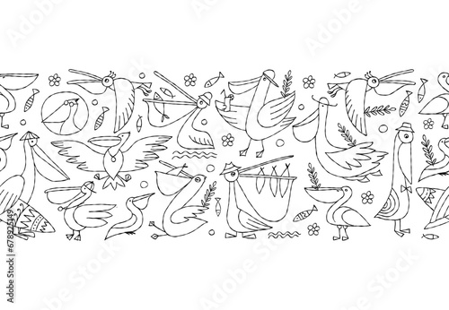 Pelicans family. Funny characters. Seamless pattern background for your desig...