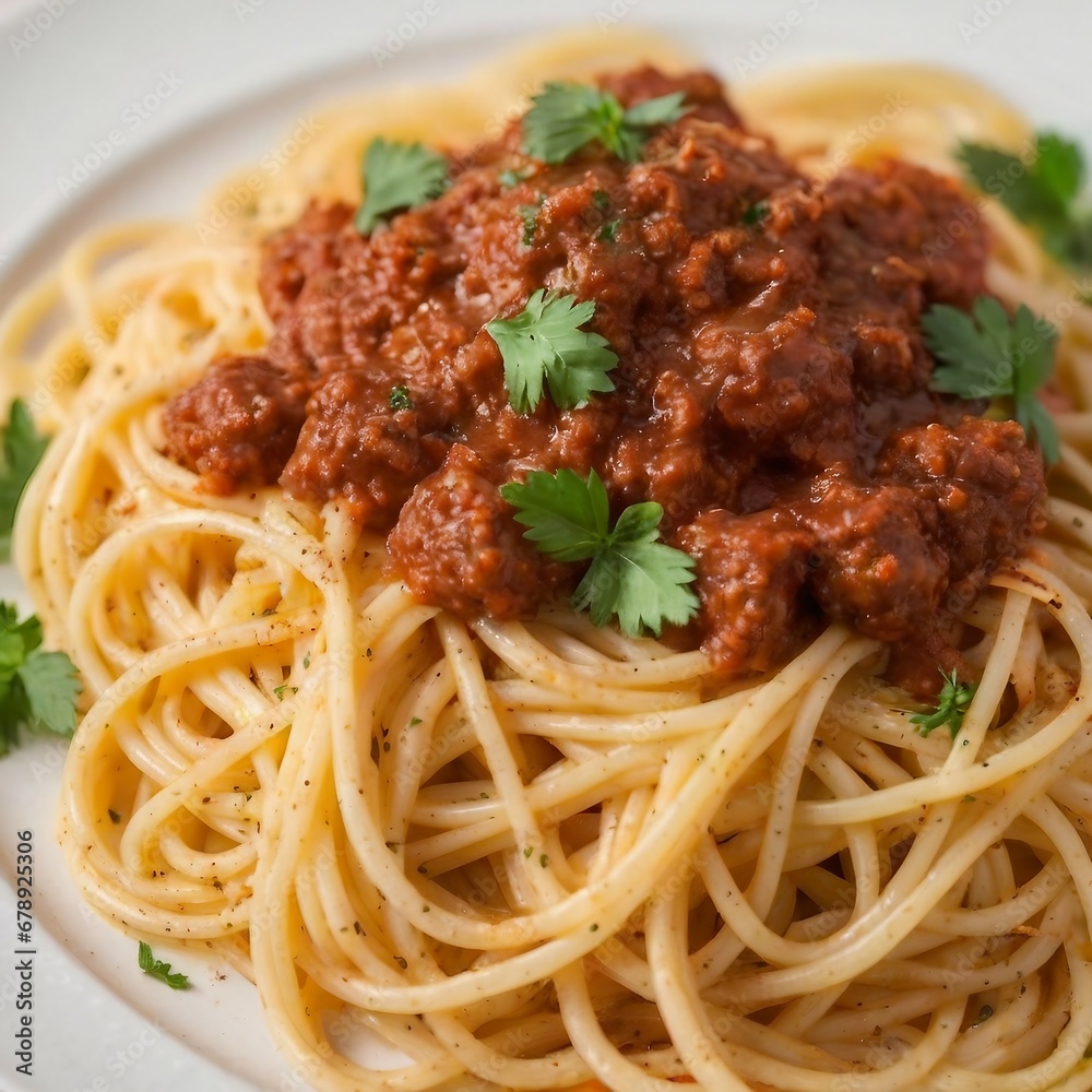 Traditional Italian Spaghetti Pasta with Rich Tomato Sauce, Ground Meat, Garnished with Fresh Basil Leaf on White Plate, Authentic Mediterranean Cuisine Concept Traditional Italian Spaghetti Pasta with Rich Tomato Sauce, Ground Meat, Garnished with Fresh Basil Leaf on White Plate, Authentic Mediterranean Cuisine Concept