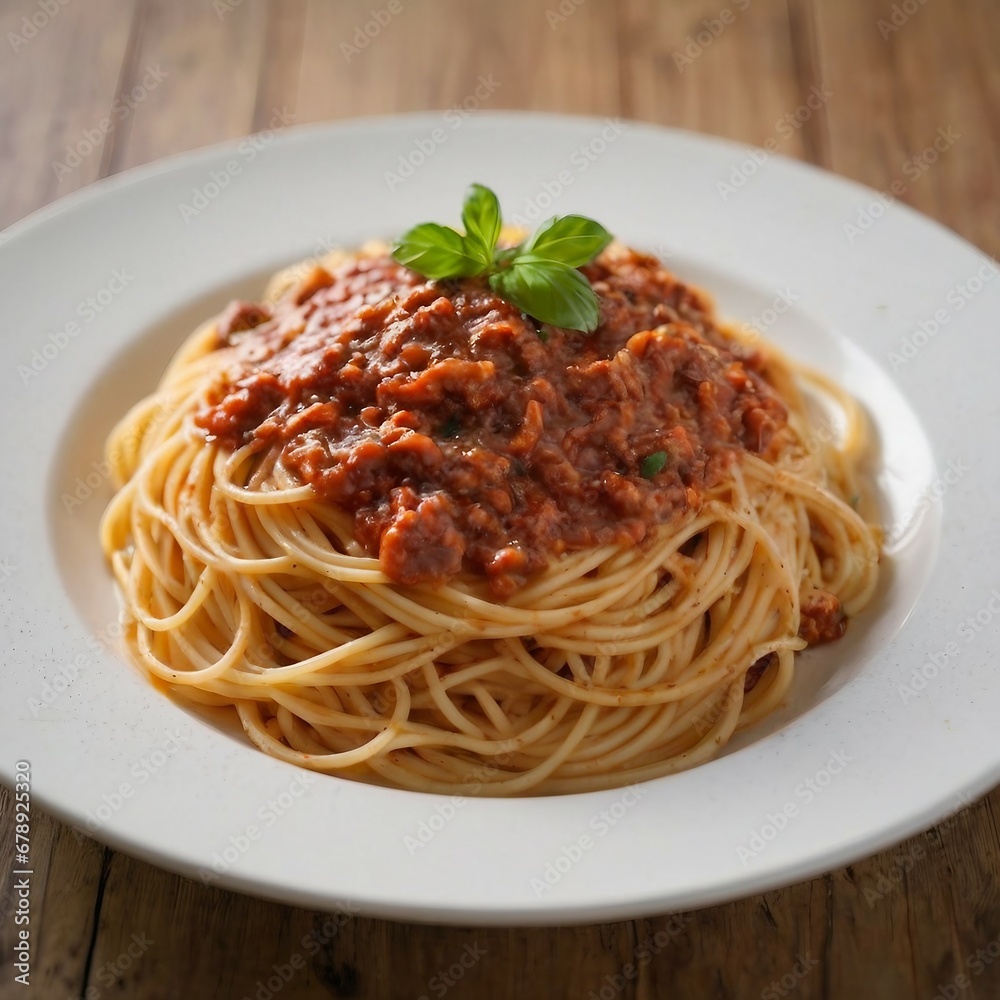 Traditional Italian Spaghetti Pasta with Rich Tomato Sauce, Ground Meat, Garnished with Fresh Basil Leaf on White Plate, Authentic Mediterranean Cuisine Concept