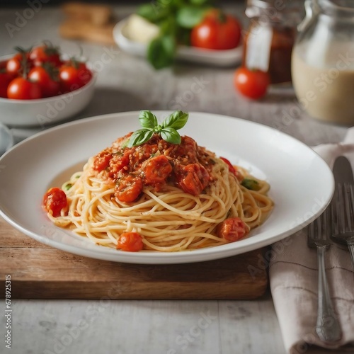 Traditional Italian Spaghetti Pasta with Rich Tomato Sauce, Ground Meat, Garnished with Fresh Basil Leaf on White Plate, Authentic Mediterranean Cuisine Concept