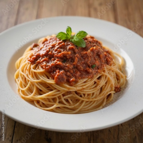 Traditional Italian Spaghetti Pasta with Rich Tomato Sauce, Ground Meat, Garnished with Fresh Basil Leaf on White Plate, Authentic Mediterranean Cuisine Concept