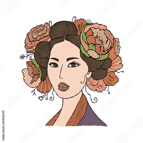 Portrait of Japanese woman with floral hairstyle. Geisha, maiko, princess. Pr...