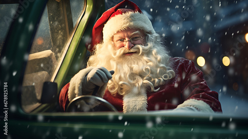 Santa Claus is driving a car and delivering presents.