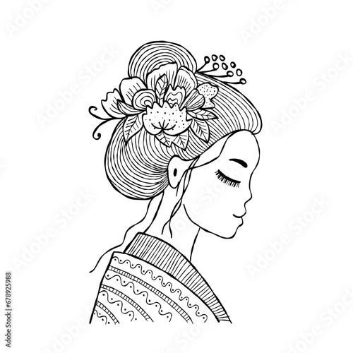 Portrait of Japanese woman with floral hairstyle. Geisha, maiko, princess. Pr...