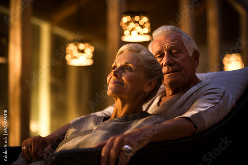 Happy senior couple in love romantic evening, celebrating anniversary. Romantic evening with cozy Interior. Generative AI content