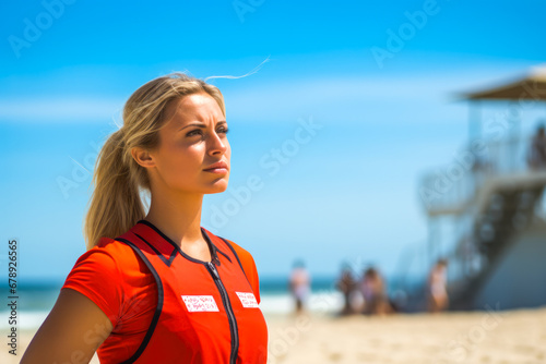 Devoted female lifeguard dutifully watches over swimmers ready to take immediate action in case of a life threatening situation in the ocean