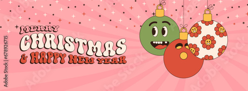 bowling Merry Christmas and Happy New Year groovy Sports greeting card. Hanging ball as a groovy Christmas ball on vibrant background. Vector illustration.