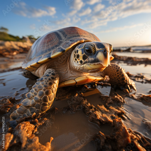 A wise old tortoise plods along a sandy shore  © Sekai
