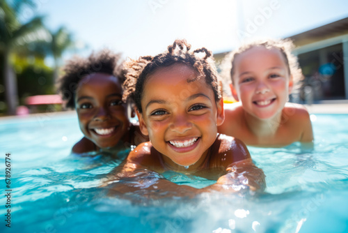 Diverse young children enjoying swimming lessons in the pool having a fun time while learning with their friends photo