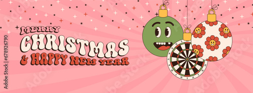 dart Merry Christmas and Happy New Year groovy Sports greeting card. Hanging ball as a groovy Christmas ball on vibrant background. Vector illustration.