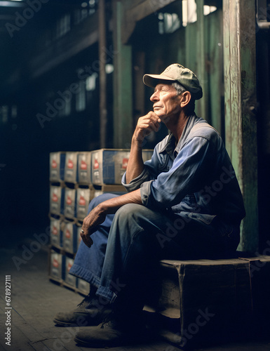 Thoughtful Elderly Worker in Warehouse. Generative ai. © Uolir