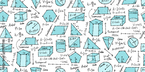 Mathematics and geometry, figures and formulas. Seamless pattern background. For school, university and training. Symbols, cheat sheet, mathematics. Hand drawn sketch for your design