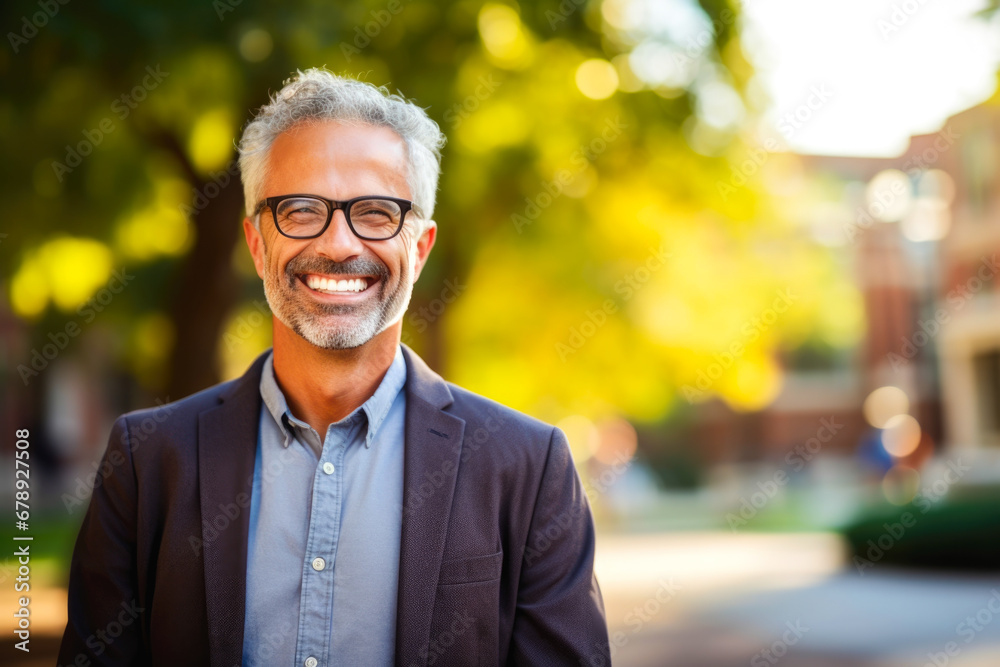 Joyful portrait of a confident laughing middle-aged male university professor standing outside on the school campus Joyful portrait of a confident laughing middle-aged male university professor standing outside on the school campus