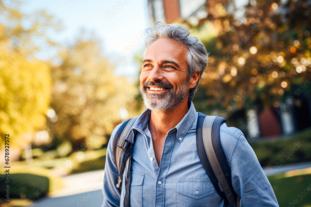Joyful portrait of a confident laughing middle-aged male university professor standing outside on the school campus Joyful portrait of a confident laughing middle-aged male university professor standing outside on the school campus