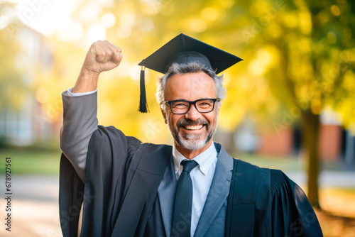 Joyful portrait of a confident laughing middle-aged male university professor standing outside on the school campus