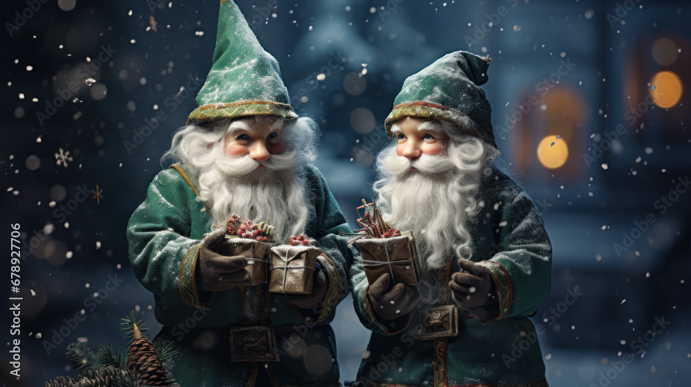 Two bearded elves carrying gifts on Christmas night, helpers of Santa Claus in winter, funny characters on snow background. Concept of New Year, design, illustration, bokeh, nature Two bearded elves carrying gifts on Christmas night, helpers of Santa Claus in winter, funny characters on snow background. Concept of New Year, design, illustration, bokeh, nature