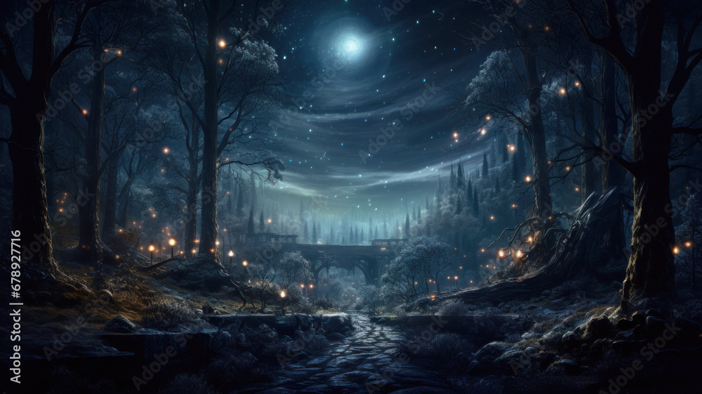 Dark forest with magical lights in winter at Christmas night, landscape with path, trees and starry sky. Scenery of fairy tale woods. Theme of New Year holiday, wonderland, nature, xmas