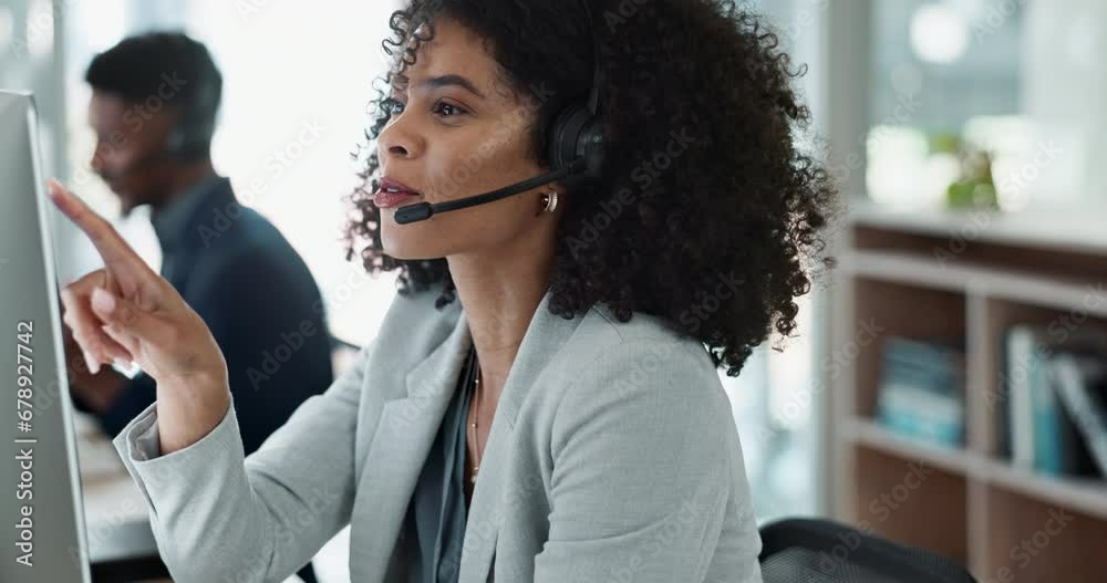 Happy woman, call center and face with headphones in customer service, support or telemarketing at computer. Friendly person, consultant or agent smile in online advice, help or contact us at office