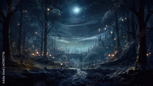 Dark forest with magical lights in winter at Christmas night, landscape with path, trees and starry sky. Scenery of fairy tale woods. Theme of New Year holiday, wonderland, nature, xmas