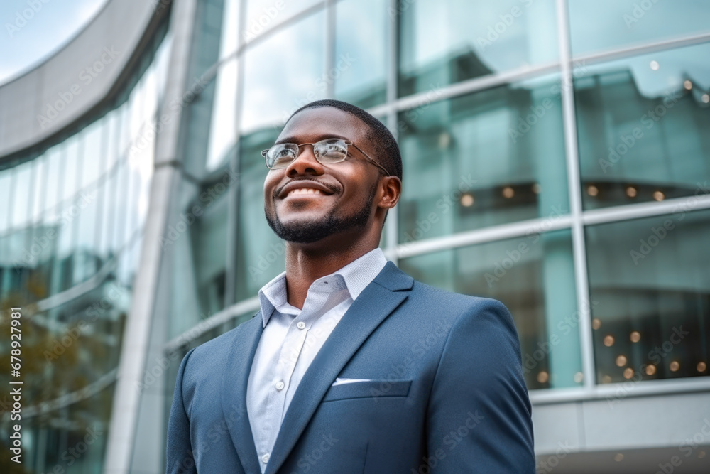 Successful confident African American business manager standing in front of a corporate building, a low-angle view