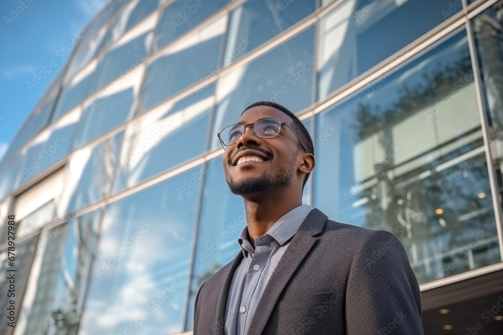 Successful confident African American business manager standing in front of a corporate building, a low-angle view