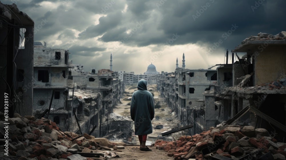 Civilian refugee affected from aggression of war and battle escape city from war zone which has no little comeliness - obrazy, fototapety, plakaty 
