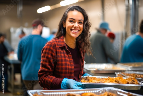 Young woman volunteering at a homeless shelter showing compassion to homeless people while helping in the soup kitchen