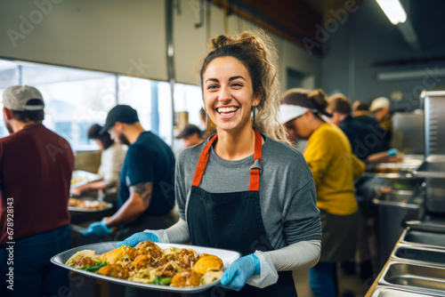 Young woman volunteering at a homeless shelter showing compassion to homeless people while helping in the soup kitchen