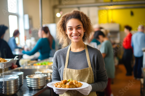 Young woman volunteering at a homeless shelter showing compassion to homeless people while helping in the soup kitchen