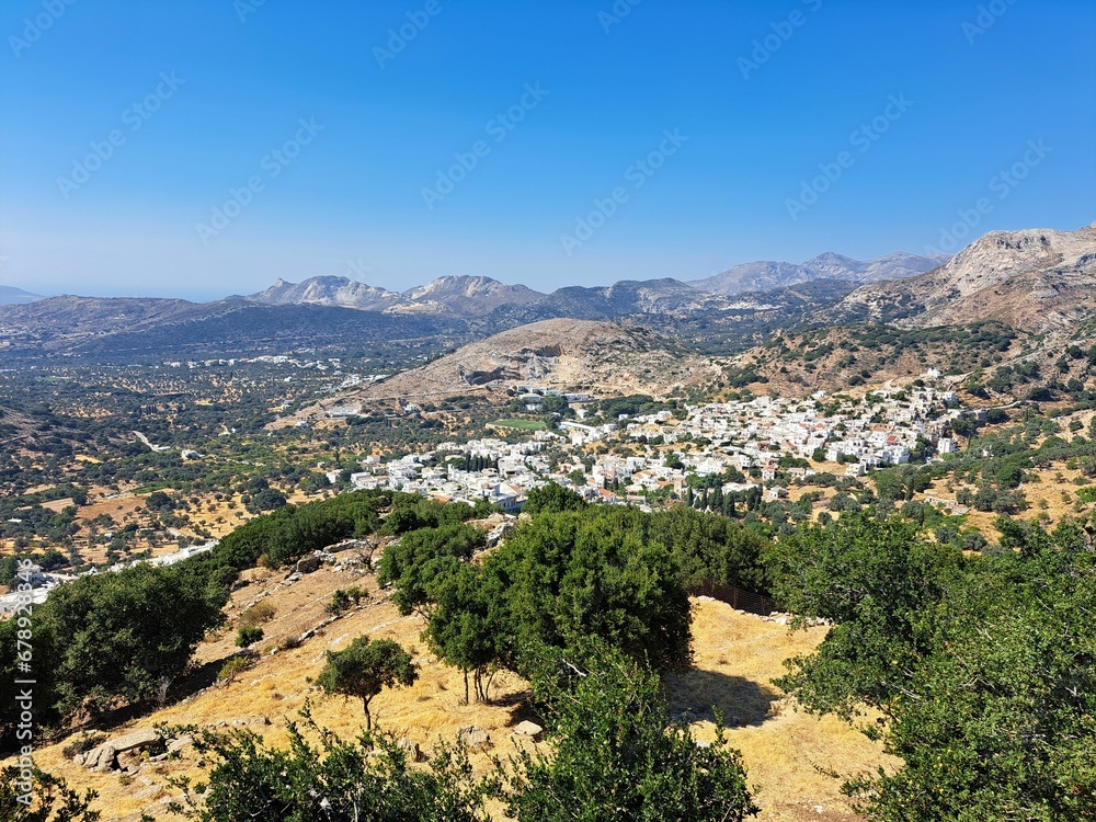 Landscape scene of Naxos Island in Greece with blue sky on the horizon