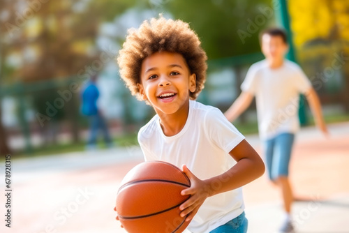 Young african american boy practices his basketball skills aiming for a hoop to get points for his team
