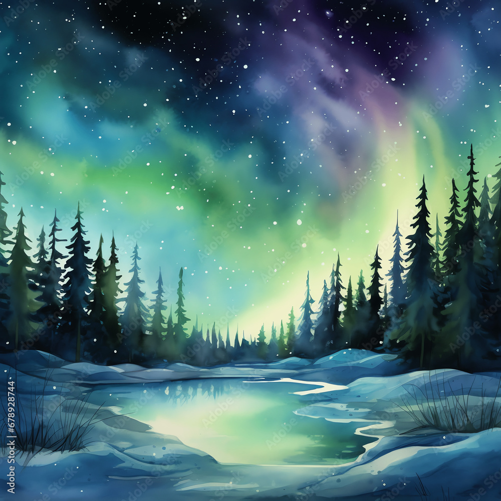 winter landscape with trees, snow and northern lights